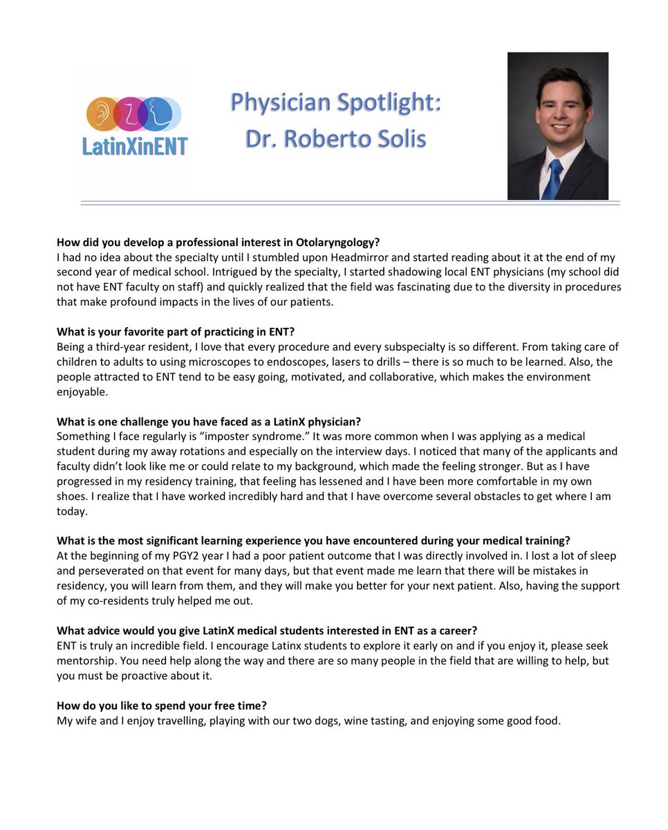 🌟🌟🌟 Physician Spotlight 🌟🌟🌟 For our first ever spotlight here on #LatinxinENT we would like to highlight @RSolisMD who is a PGY-3 at the University of California, Davis. Check out below to learn more about Dr. Roberto Solis!!