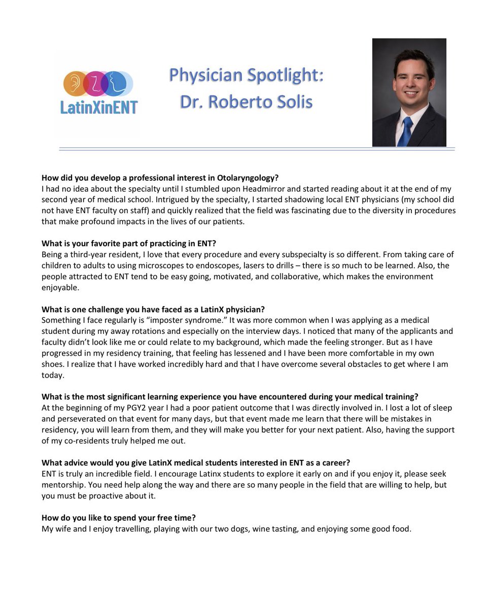🌟🌟🌟 Physician Spotlight 🌟🌟🌟
For our first ever spotlight here on #LatinxinENT we would like to highlight <a href="/RSolisMD/">Roberto Solis, MD</a> who is a PGY-3 at the University of California, Davis. Check out below to learn more about Dr. Roberto Solis!!