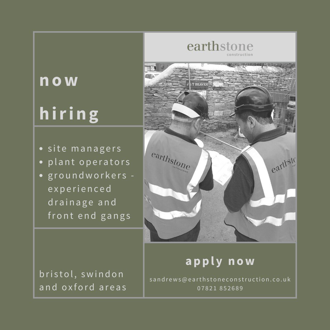We’re hiring! 🦺 

Here at Earthstone, we have a number of new opportunities across the Bristol, Swindon and Oxford areas.

Get in touch for more information!
#groundworks #civilengineering #constructionjobs #wiltshirejobs #groundworkers #hiring