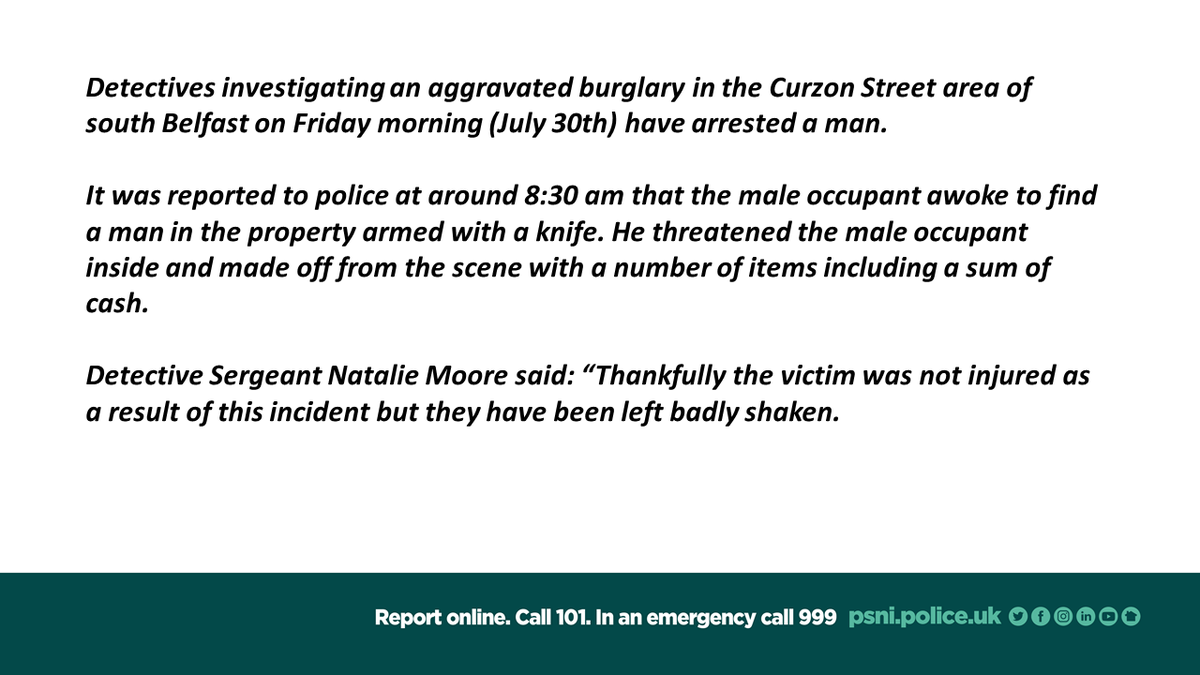 PSNIBelfastS's tweet photo. Detectives investigating an aggravated burglary in south Belfast this morning have made an arrest. https://t.co/p4MrA2SrmF