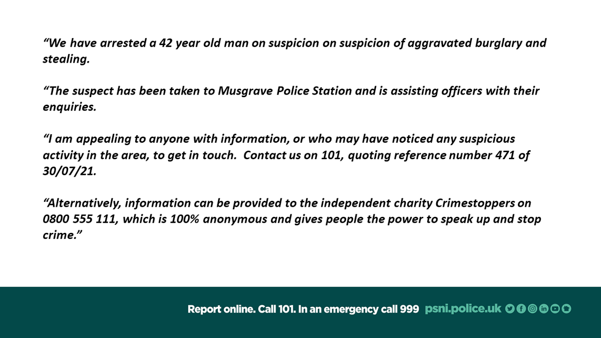 PSNIBelfastS's tweet photo. Detectives investigating an aggravated burglary in south Belfast this morning have made an arrest. https://t.co/p4MrA2SrmF