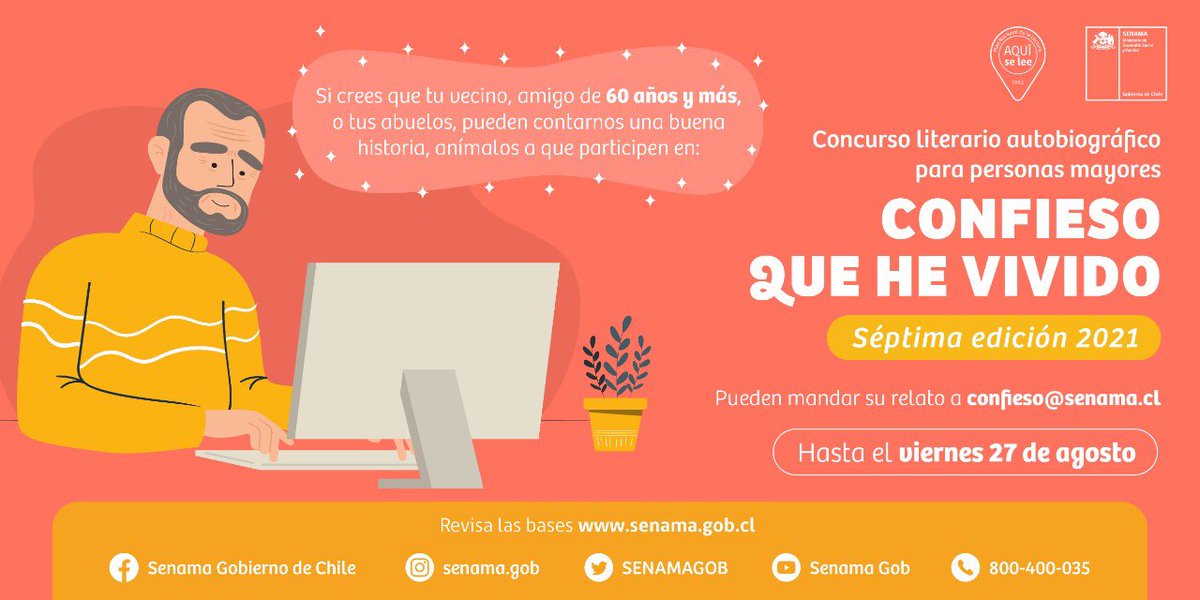 🔸¡Tenemos buenas noticias! Se extiende el plazo para participar en el Concurso Literario “Confieso que he Vivido”. Los invitamos a compartir sus experiencias e historias de vida a través de relatos autobiográficos que pueden enviar hasta el 27 de agosto👉🏼 senama.gob.cl