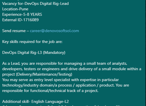 denovosoftsol's tweet photo. #denovojobs #denovo
Vacancy for-DevOps Digital Rig-Lead
Location-Pune
Experience-5-8 YEARS
External ID-1716089
Send resume – career@denovosoftsol.com
#devops #programming #cloud #cloudcomputing #developer #linux #technology #aws #coding #python #software #digitalrig #developer https://t.co/AHpYrZGVt6