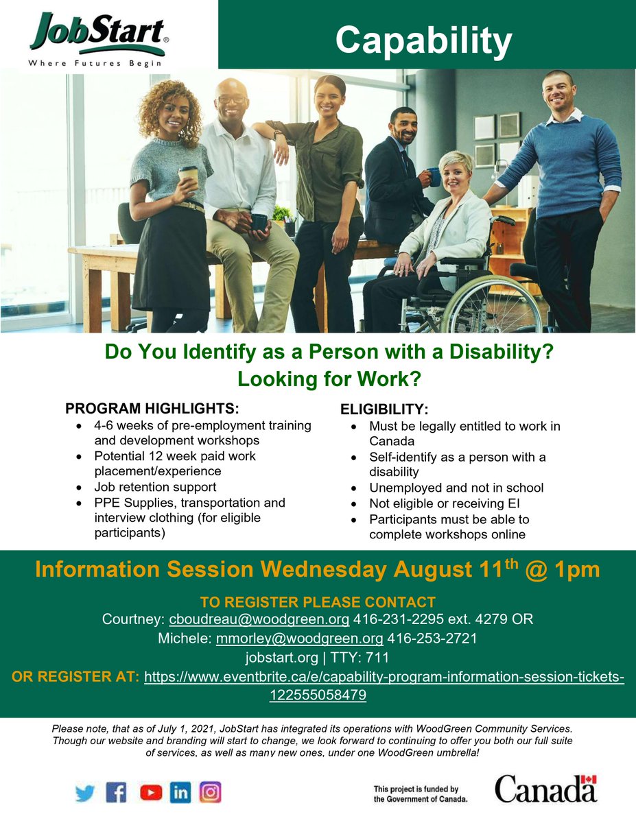 JobStartTO's tweet image. Capability is Now Intaking participants for our next session.
Information Session is Wednesday August 11th @ 1pm.

Register here: bit.ly/375ZsSa or contact cboudreau@woodgreen.org or mmorley@woodgreen.org

#personwithdisability #disability #employment #employmentservices