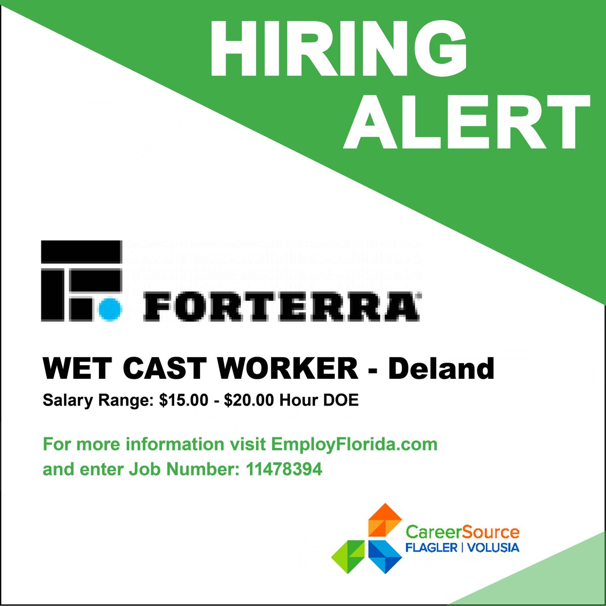 Forterra is Deland is #Hiring a Wet Cast Worker. Salary Range: $15.00 - $20.00 Hour DOE.

For more information visit EmployFlorida.com and enter #Job Number: 11478394