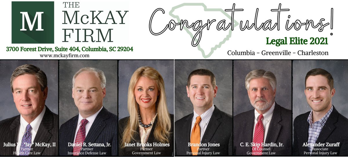 McKayFirm's tweet photo. We are excited to announce we have six lawyers named to the @CBMBusiness 2021 class of “Legal Elite.” Wonderful honor and very well deserved. Thank you!

#McKayFirm #ColaSCLaw #SCLawyers #SCLaw #InsuranceLaw #DefenseLaw #RealColumbiaSC #LegalCommunity #MedMalLaw https://t.co/xaM7QcEdx0