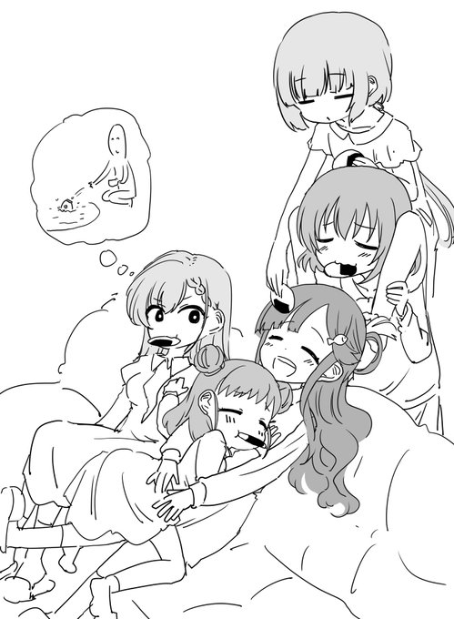 ファンボックスに『事務所で仲良くしている151's(喜多日菜子、棟方愛海、浅利七海、依田芳乃、久川颯)の子達』というリクエストが来たので描きました 