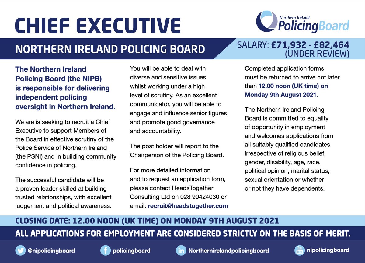 NIPolicingBoard's tweet photo. We’re looking for a new Chief Executive. Fancy the job? Find out more from @HeadsTogetherHR on 028 90424030 or email: recruit@headstogether.com https://t.co/91WBfeG3K5