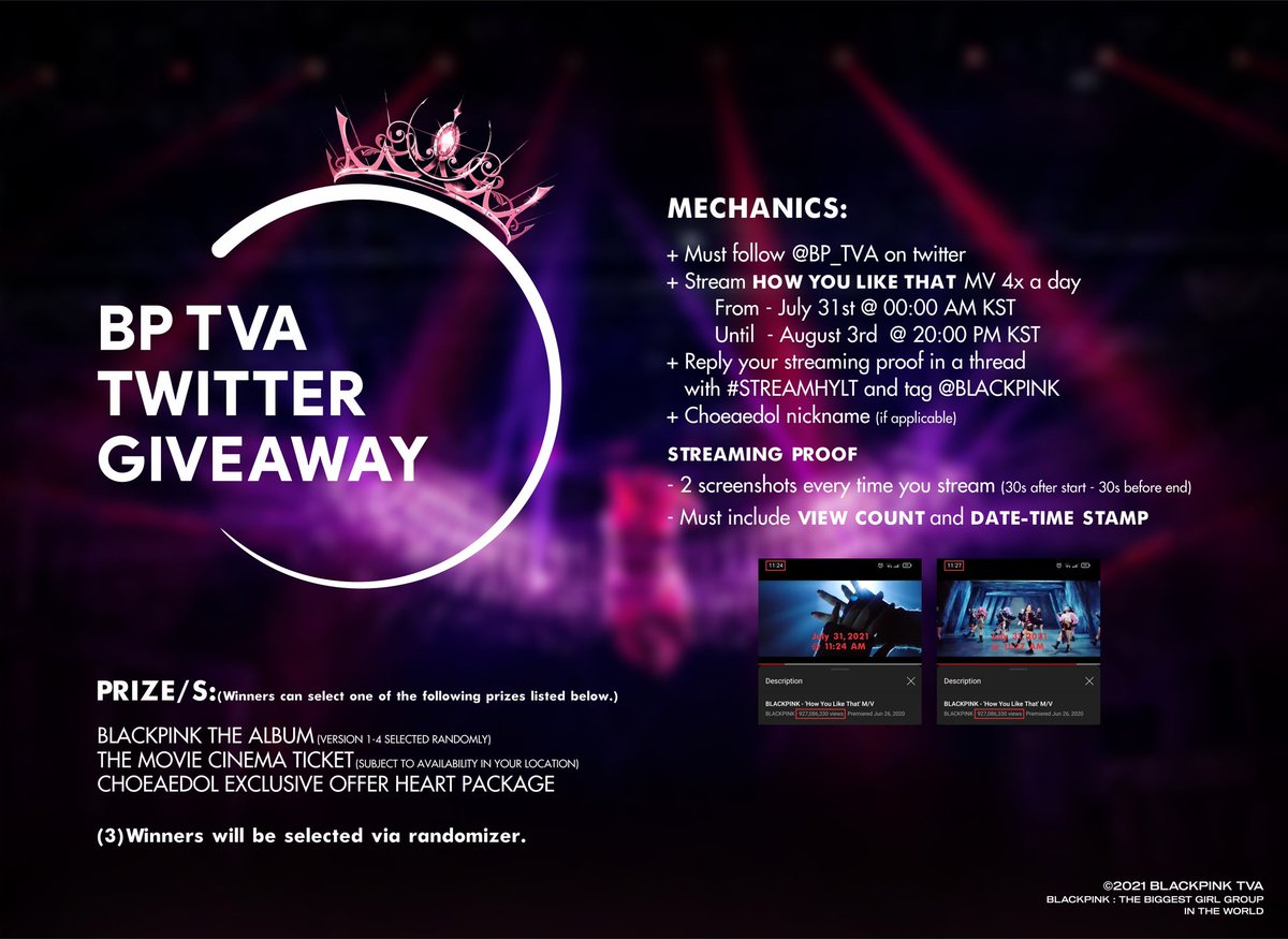 BP_TVA's tweet photo. BP TVA GIVEAWAY / 3 WINNERS

WIN 1 OF THE 3 PRIZES

MECHANICS:
+ MUST BE FOLLOWING @BP_TVA 
+ STREAM HOW YOU LIKE THAT MV 4X A DAY
+ REPLY YOUR STREAMING PROOF IN A THREAD w/ #STREAMHYLT &amp; @BLACKPINK 
+ CHOEAEDOL NICKNAME (if applicable)

For prize &amp; more info see poster ⬇️ https://t.co/98t9VisciU
