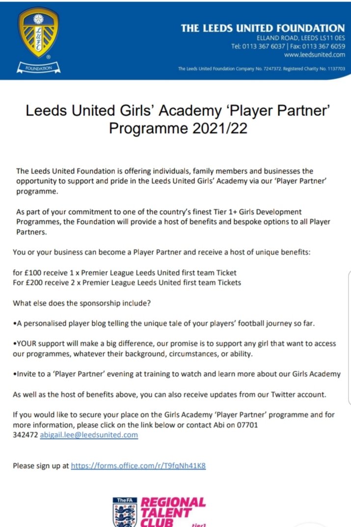 Graciebear2005's tweet photo. This season's sponsorship opportunities with Leeds United Girls' academy . £100 ( 1 ticket to a Leeds United premiership game ) or £200 ( 2 tickets). #LeedsUnited #lufc #girlsfootball pls RT . https://t.co/DJBnDwOCTr