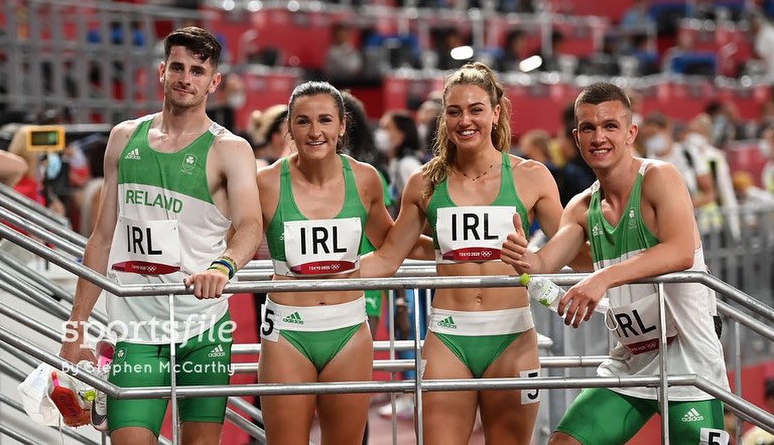 CillinGreene's tweet photo. OLYMPIC FINALISTS! 

An indescribable experience tonight that we will remember forever! 🇮🇪 

A national record of 3.12.88 and a place in tomorrow’s final. Couldn’t be more proud of our team! 

 Thank you everyone for the support! ☘️ @philhealy2 @cfccod @sophiebecker_ https://t.co/1G3oqE1K8c