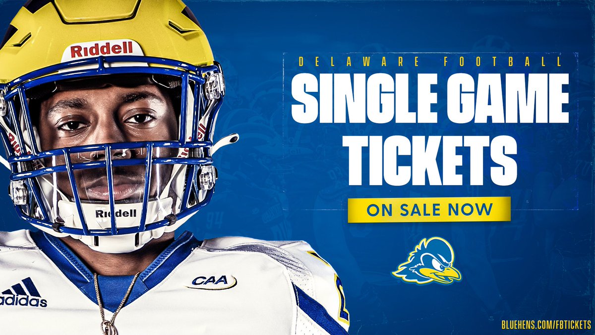A football player photographed overlaid on a graphic reading: Delaware Football: single game tickets on sale now.