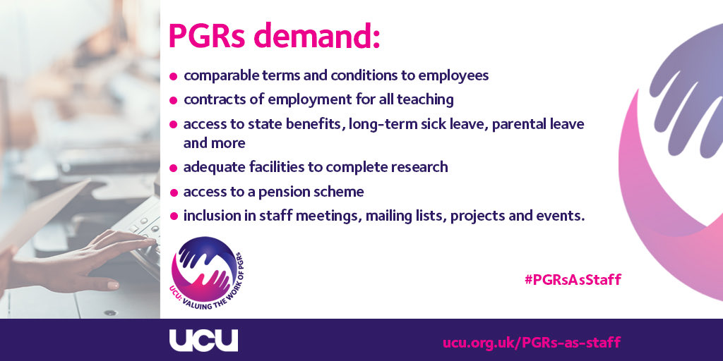 Postgraduate researchers (PGRs) are the backbone of higher education, driving research, teaching &amp; universities’ engagement with the wider world. 

PGRs work as staff. It’s time to recognise them as staff. 

Check out our PGRs as staff manifesto here ➡️ ucu.org.uk/media/11623/Po…