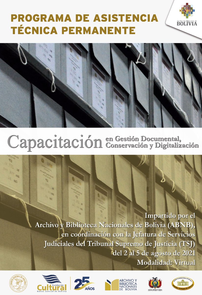 Archivo y Biblioteca (@abnb_fcbcb) on Twitter photo #ABNB | En el marco del Programa de Asistencia Técnica Permanente, el Archivo y Biblioteca Nacionales de Bolivia brindará un taller en gestión documental, conservación y digitalización, al personal del <a href="/TSJBolivia/">Tribunal Supremo de Justicia de Bolivia</a> a nivel nacional, del 2 al 5 de agosto. #ABNB | En el marco del Programa de Asistencia Técnica Permanente, el Archivo y Biblioteca Nacionales de Bolivia brindará un taller en gestión documental, conservación y digitalización, al personal del <a href="/TSJBolivia/">Tribunal Supremo de Justicia de Bolivia</a> a nivel nacional, del 2 al 5 de agosto.