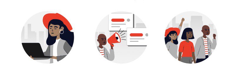 An illustration of people reporting, disclosing, and organizing around algorithmic harms; from CRASH project harms reporting platform mockups