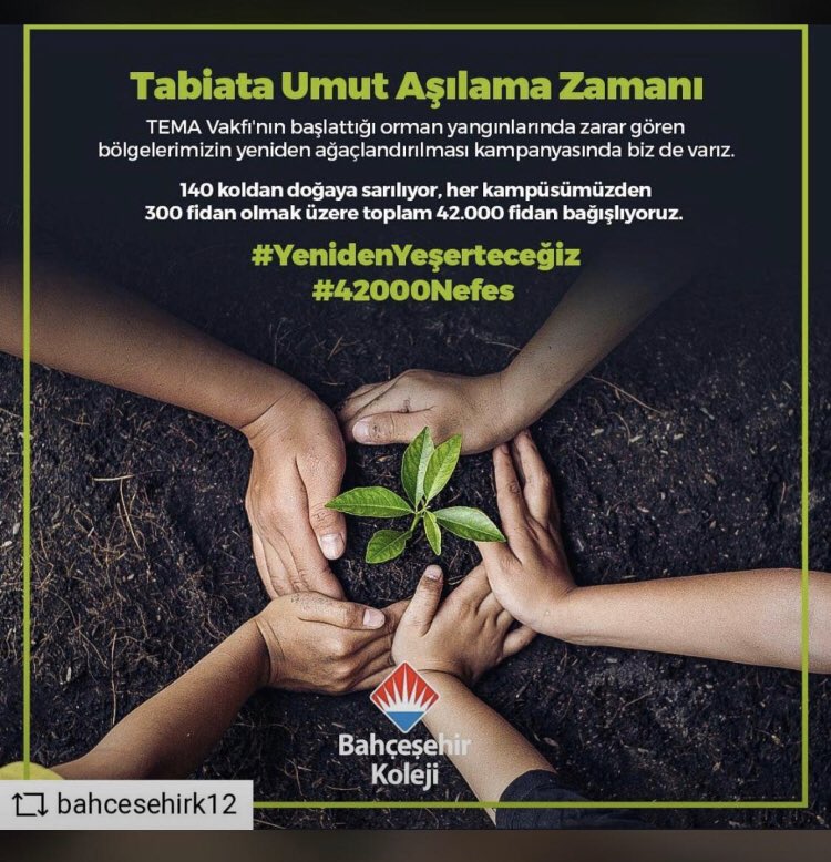Yurdumuzun genelinde çıkan orman yangınlarında zarar gören bölgelerin tekrar ağaçlandırılması için <a href="/temavakfi/">TEMA Vakfı</a> ’nın başlatmış olduğu kampanyayı 140 kampüsümüzden Bahçeşehir Koleji öğrencileri toplam 50.000 fidanla destekliyor.

Hep birlikte, yaşamı da umudu da #yenidenyeşerteceğiz