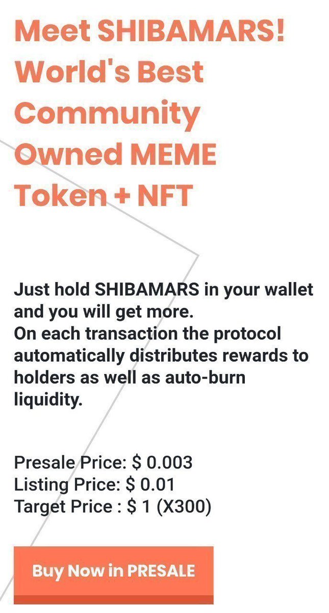 ShibaMarsReal's tweet photo. 🚀SHIBA MARS PRESALE is LIVE!

📈X300 Gem

💰Buy Now👇
Visit https://t.co/Ink8AswqzE

☑Buying Benefits:
BNB Dividends 
Lending
X300+ Listing
NFT

⭐PRESALE Price: $ 0.003
🚀Listing Price: $ 0.01 (3x)
🚀Target: $ 1 (x300)

#BTC #eth #NFTs

@cctip_com draw 300 USDT 300 #Binance https://t.co/XGgk5VdaVf