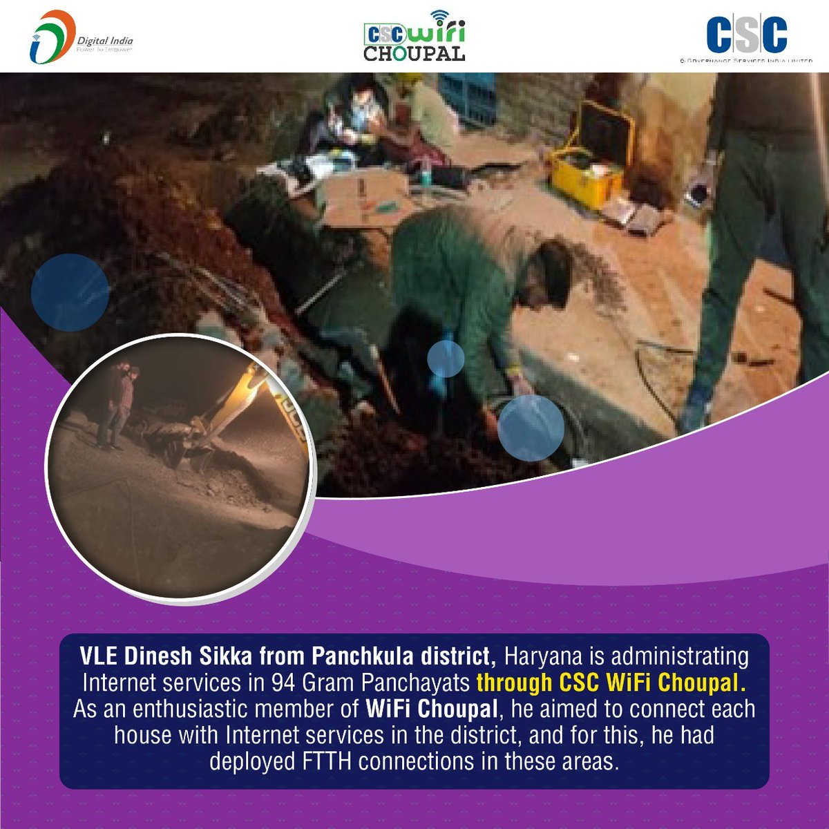CSCegov_'s tweet image. VLE Dinesh Sikka from Panchkula district, #Haryana is administrating Internet services in 94 GPs through #CSCWiFiChoupal. He aimed to connect each house with Internet services in the district, &amp;amp; for this, he had deployed FTTH connections.

#GharTakFiber #CSCseGramSwaraj