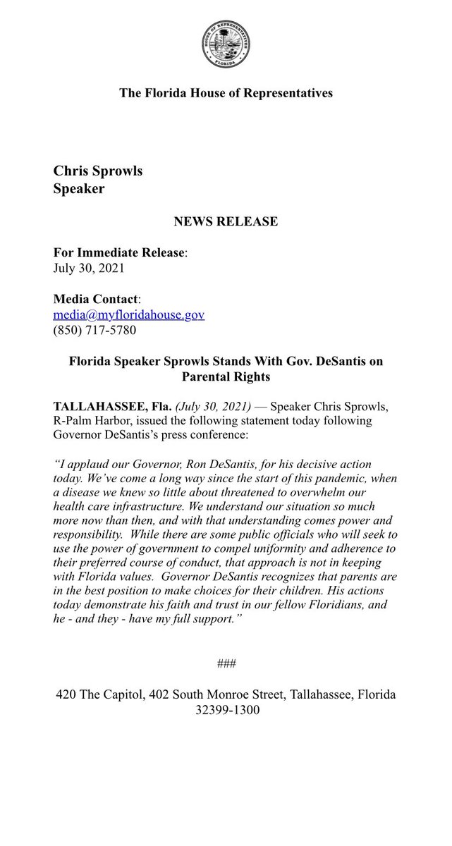 Here’s my statement in support of <a href="/GovRonDeSantis/">Ron DeSantis</a> actions today: