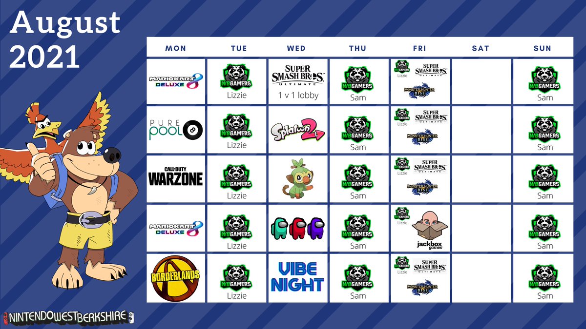 NintendoWB's tweet image. ⭐️The August calendar is now live! ⭐️
This month we're featuring a few old favourites, including Among Us and Vibe Night, and also bringing in some new blood in the way of 1v1 Smash Lobby, Warzone, Jackbox and Borderlands Online Co-op (up to 4 people!)