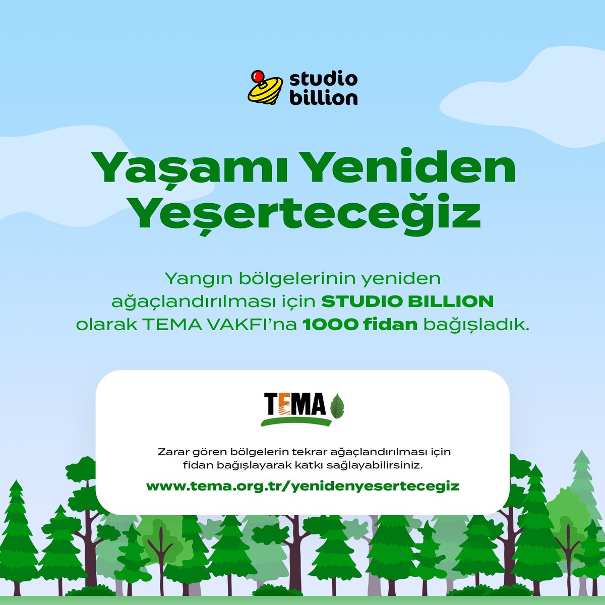 studiobillion's tweet photo. Yangın bölgelerinin yeniden ağaçlandırılması için Studio Billion olarak TEMA VAKFI’na 1000 fidan bağışladık.

Siz de destek olmak isterseniz https://t.co/GxPysIdttq

#yenidenyesertecegiz #ormanlarımızyanıyor #türkiyeyanıyor #oyun https://t.co/W81FgRAC8u