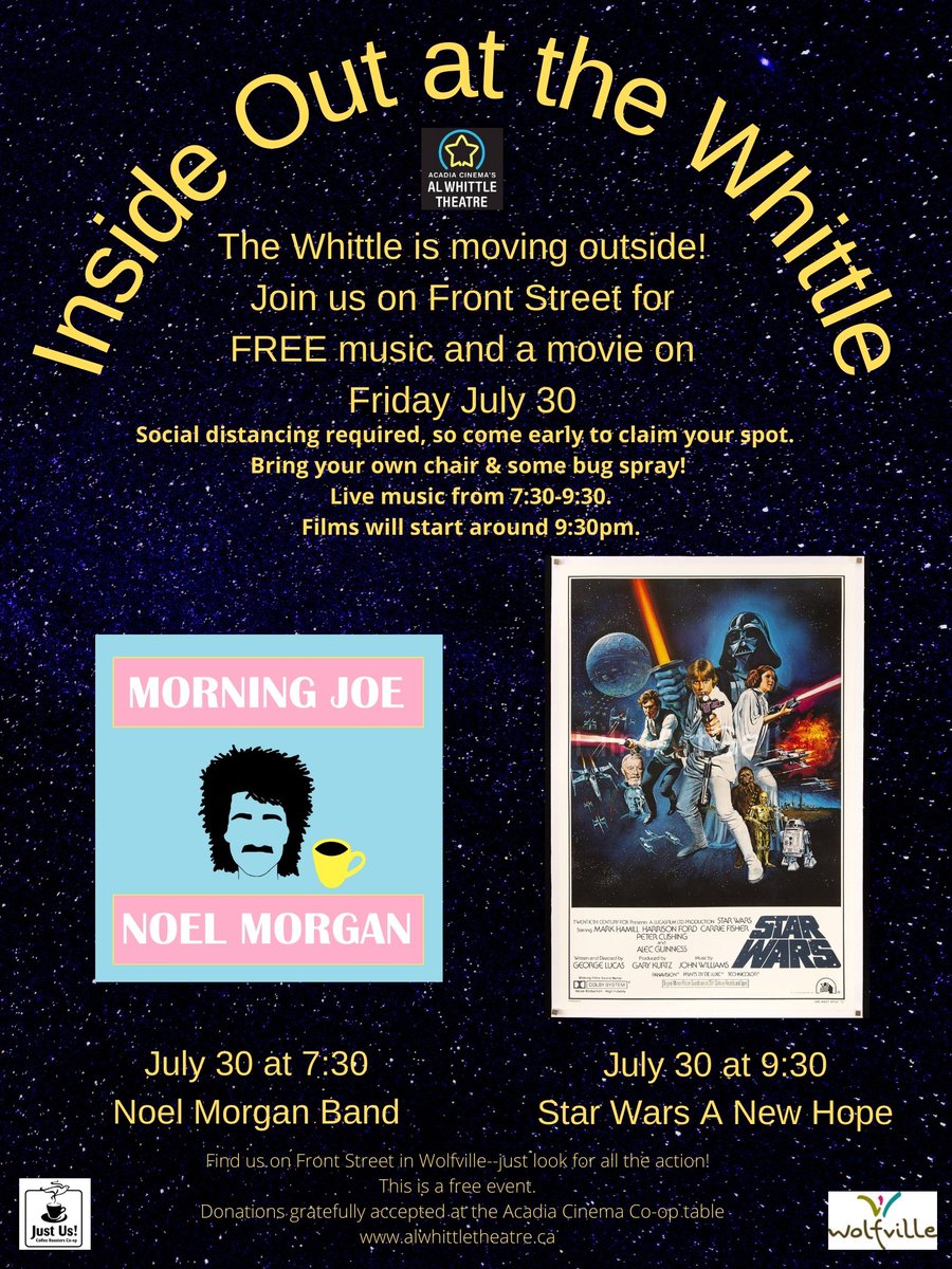 INSIDE OUT will is moving back INSIDE!   The show is still on tonight July 30, but we will be inside the theatre. Band at 7:30, Star Wars at 9:20 or so.   Social distancing required so limited seating.   Masks required unless eating or drinking...so bring a snack!!
