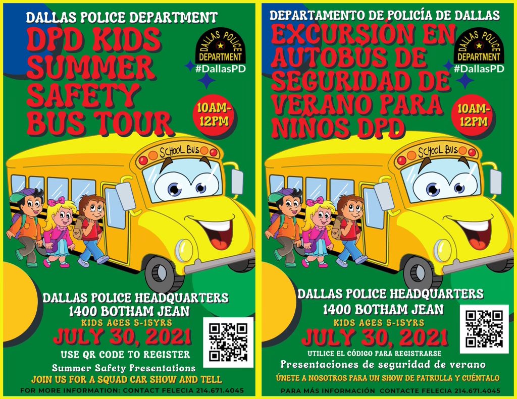 DPDSENPO's tweet photo. Join us until 12pm today for our DPD Kids Summer Safety Bus Tour at Dallas Police Headquarters. 11013 @DPDChiefGarcia @AShawDPD @DPDSalas @DallasPD #DPDSeedingTheGoodSeed https://t.co/v0R1iV3kxJ