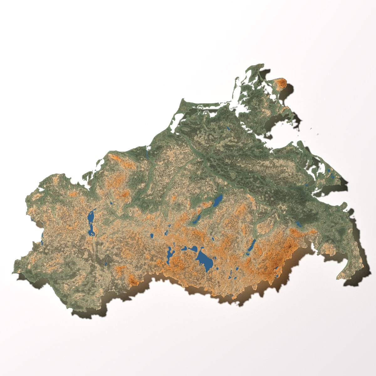 EconPulse's tweet photo. A render of northeastern Germany, the state of Mecklenburg-Western Pomerania. Happens to be both a nice place to live and to go for vacation!
Done with #rayshader in #rstats @MV_tut_gut #dataviz https://t.co/i4u3QmhdQa