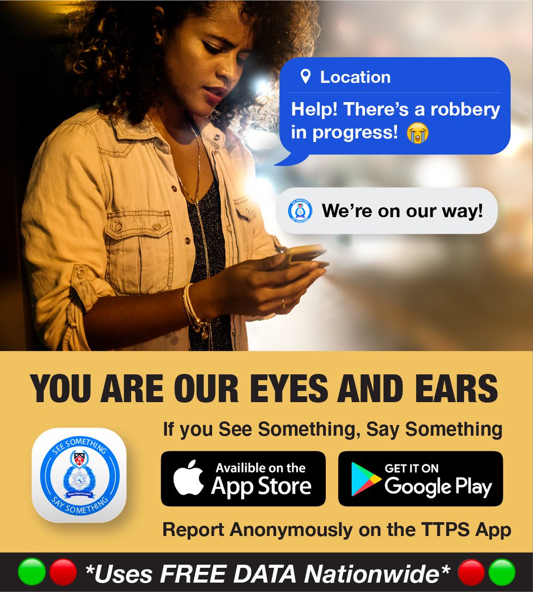 TTPoliceService's tweet photo. The TTPS App, is a world-class application that allows its users to anonymously report crimes using the convenience of their mobile devices.
Remember, if you 'See Something, Say Something' via the TTPS App.
#SeeSomethingSaySomething #ReportCrime #PartnerWithUs #TTPSApp https://t.co/KrTZZqWv73
