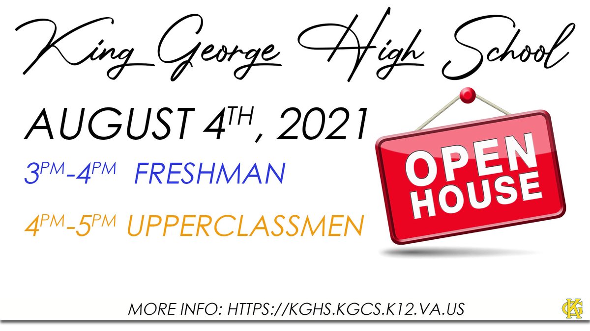 KGHS Students and Families! Open house is next week, can you believe it?! We'd love for you to come out and meet your teachers and staff. August 4, 2021. More info at kghs.kgcs.k12.va.us