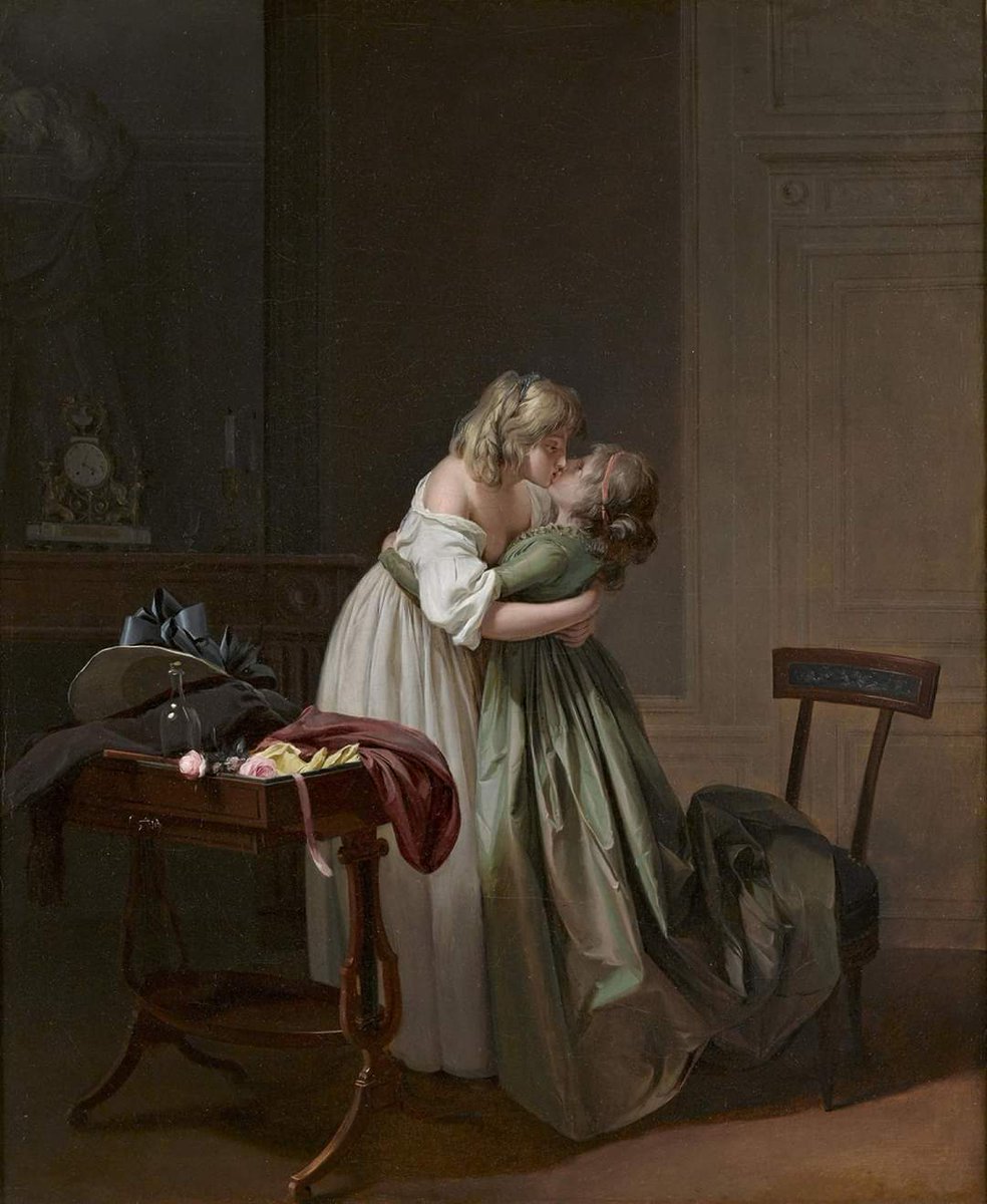 In oil on canvas
(1790-1794) Louis-Léopold Boilly two young women are portrayed in a kiss,their arms wrapped around one another,their eyes open. This painting, despite being painted in the late eighteenth century, is so Rococo; naughty yet innocent, provocative yet delicate. #art