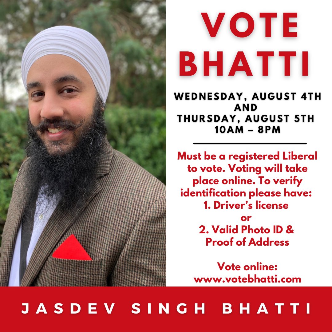 jasdevsbhatti's tweet photo. Get ready! Voting is online next week for your next Federal #Liberal Candidate for #BramptonCentre. 

Voting Dates:
August 4th and August 5th from 10AM – 8PM 

Click on the link in the bio or visit https://t.co/VDtG26RRj8 for more information. I hope I can count on your support! https://t.co/8GrZSjwe1v