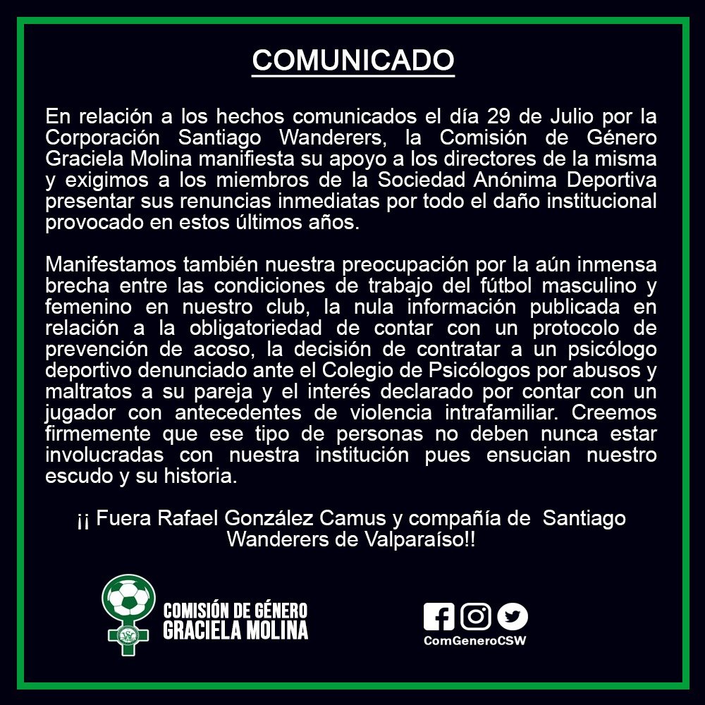 ComGeneroCSW's tweet photo. Comunicado oficial ante la profunda crisis institucional y deportiva que atraviesa nuestro club.
#NuncaMasSinNosotras #FueraSADP #Wanderers https://t.co/J9aamNTcAO