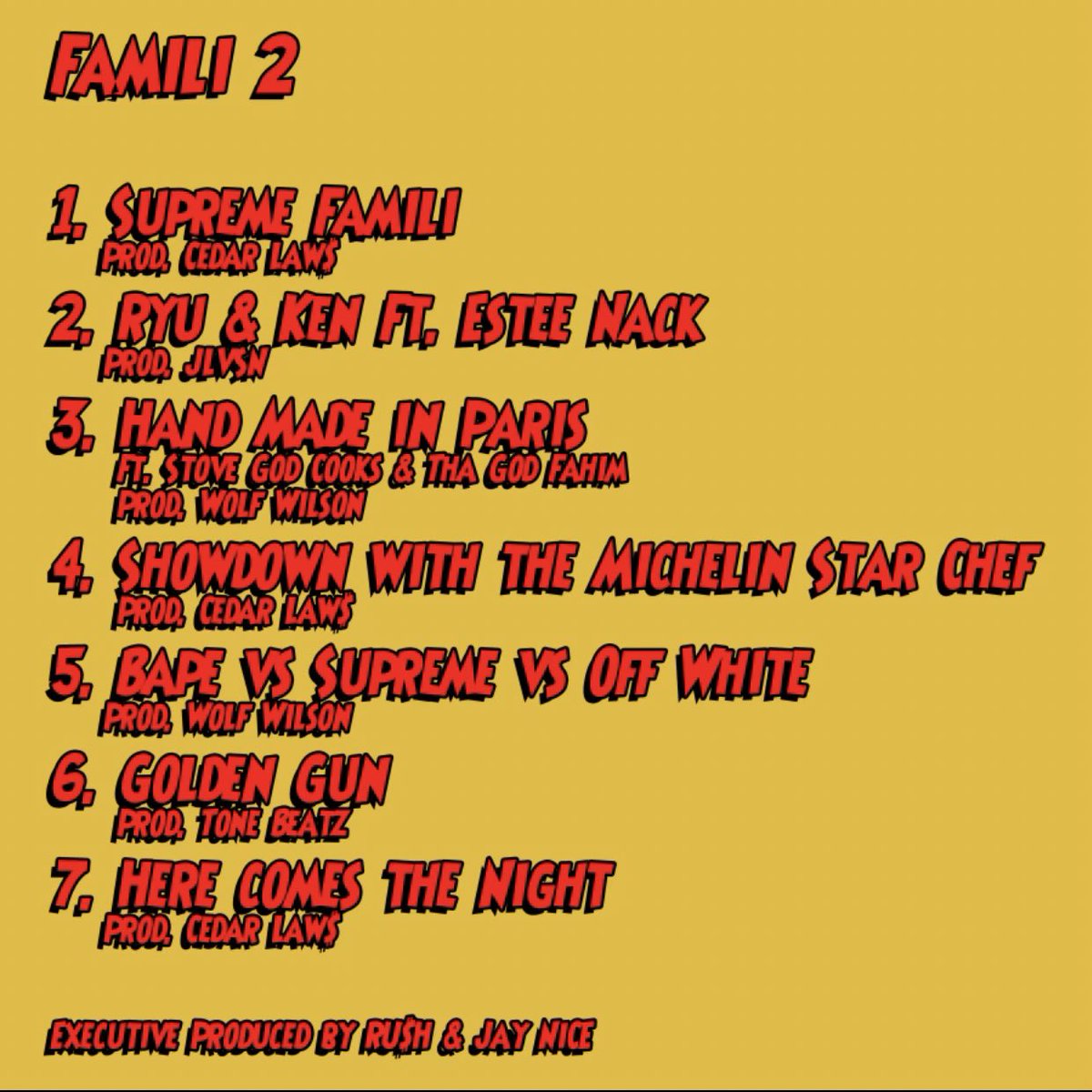 NiCESUPREME888's tweet photo. My Gday tmrw &amp; you know how me and @THERUSHRUSHRUSH 
We present to you 🔥 #FAMILI2 🔥
Featuring @EsteeNack @Stovegodcooks &amp; @THAGODFAHIM 
Artwork by @freakorico 🎨
Beats by JLVSN, Cedar Laws, Wolf Wilson &amp; Tone Beatz 
Available Everywhere!!! 🔥🔥🔥🔥
https://t.co/ZiqPKwFdMo https://t.co/0jUxAMUhg0