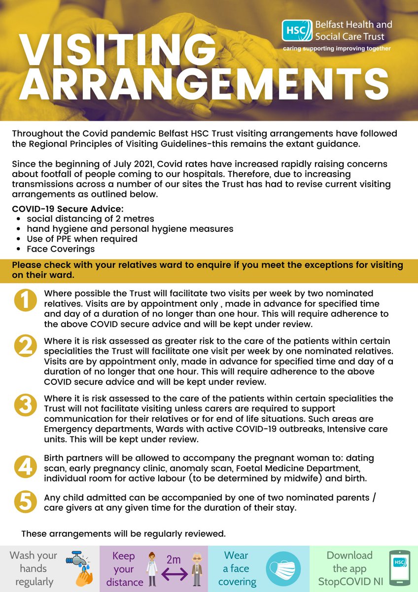 Due to increasing transmissions across a number of our sites the Trust has had to revise current visiting arrangements.

Click here to view the revised visiting arrangements in full👉belfasttrust.hscni.net/2021/07/30/rev…