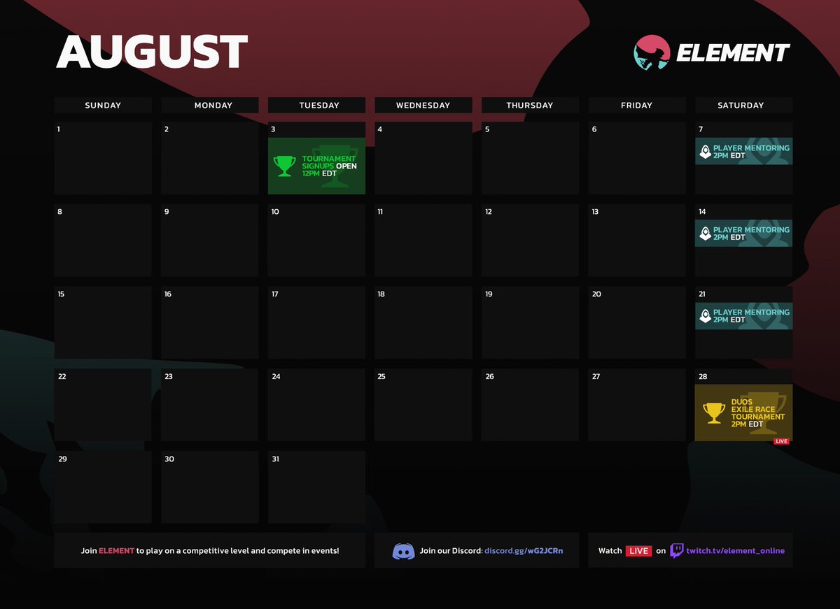 element_sb's tweet image. With August right around the corner let’s give the breakers something to get excited for! Here is our August event calendar! #spellbreak #playspellbreak