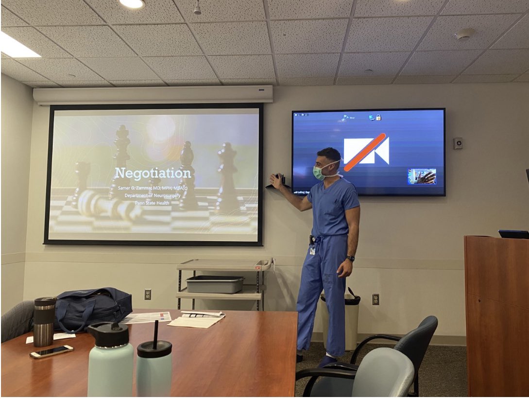 PennStNeurosurg's tweet photo. Chief #resident Samer Zammar helping us all become better #negotiators at our #socioeconomic conference #residenteducators #lifelonglearning @JHUCarey https://t.co/Eyramgc7ie