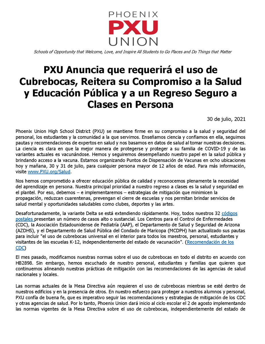 PhoenixUnion's tweet image. PXU Families, please see below for our updated mask requirements for the first day of school next Monday, August 2.