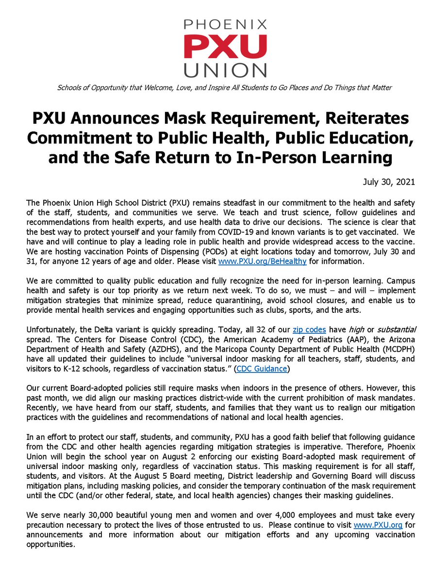 PhoenixUnion's tweet image. PXU Families, please see below for our updated mask requirements for the first day of school next Monday, August 2.