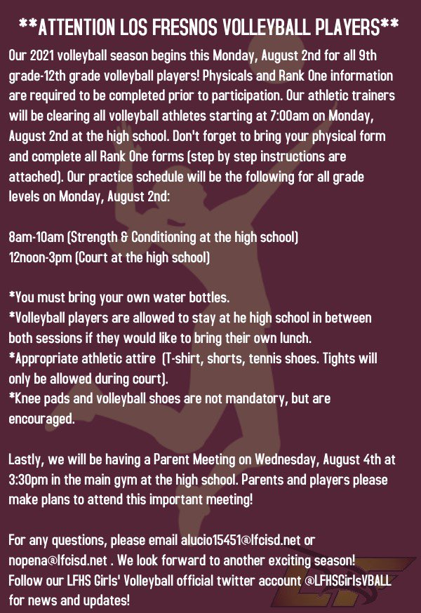 LFHSGirlsVBALL's tweet photo. Our 2021 volleyball season begins this Monday, August 2nd‼️‼️ Our athletic trainers will be clearing all volleyball athletes starting at 7am ‼️‼️ Don’t forget to bring your physical form &amp; complete all Rank One forms online (step by step instructions are attached) ‼️‼️ https://t.co/uB7Tyw8rYB