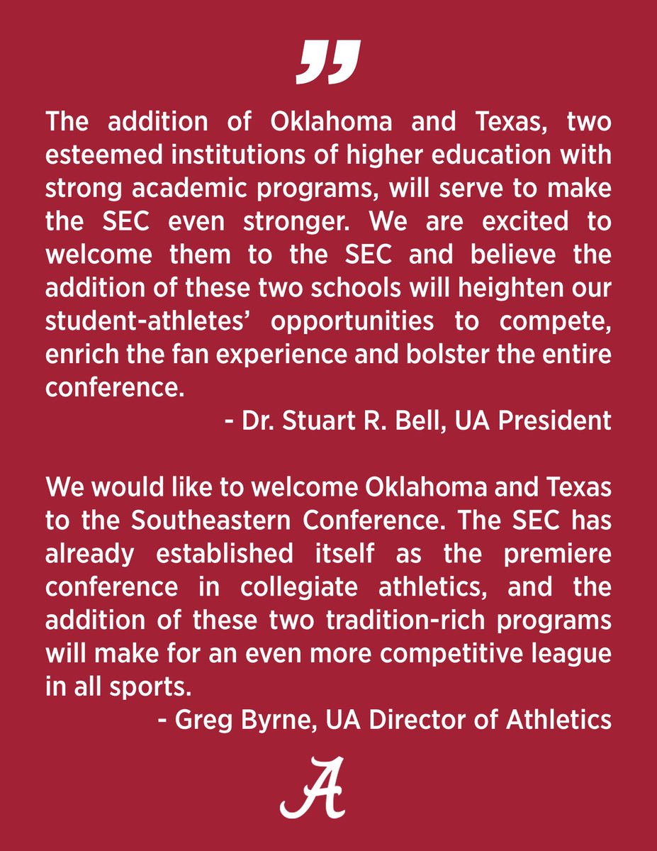 Welcome to the <a href="/SEC/">Southeastern Conference</a> <a href="/OU_Athletics/">Oklahoma Sooners</a> and <a href="/TexasLonghorns/">Texas Longhorns</a>! 

#ItJustMeansMore #RollTide