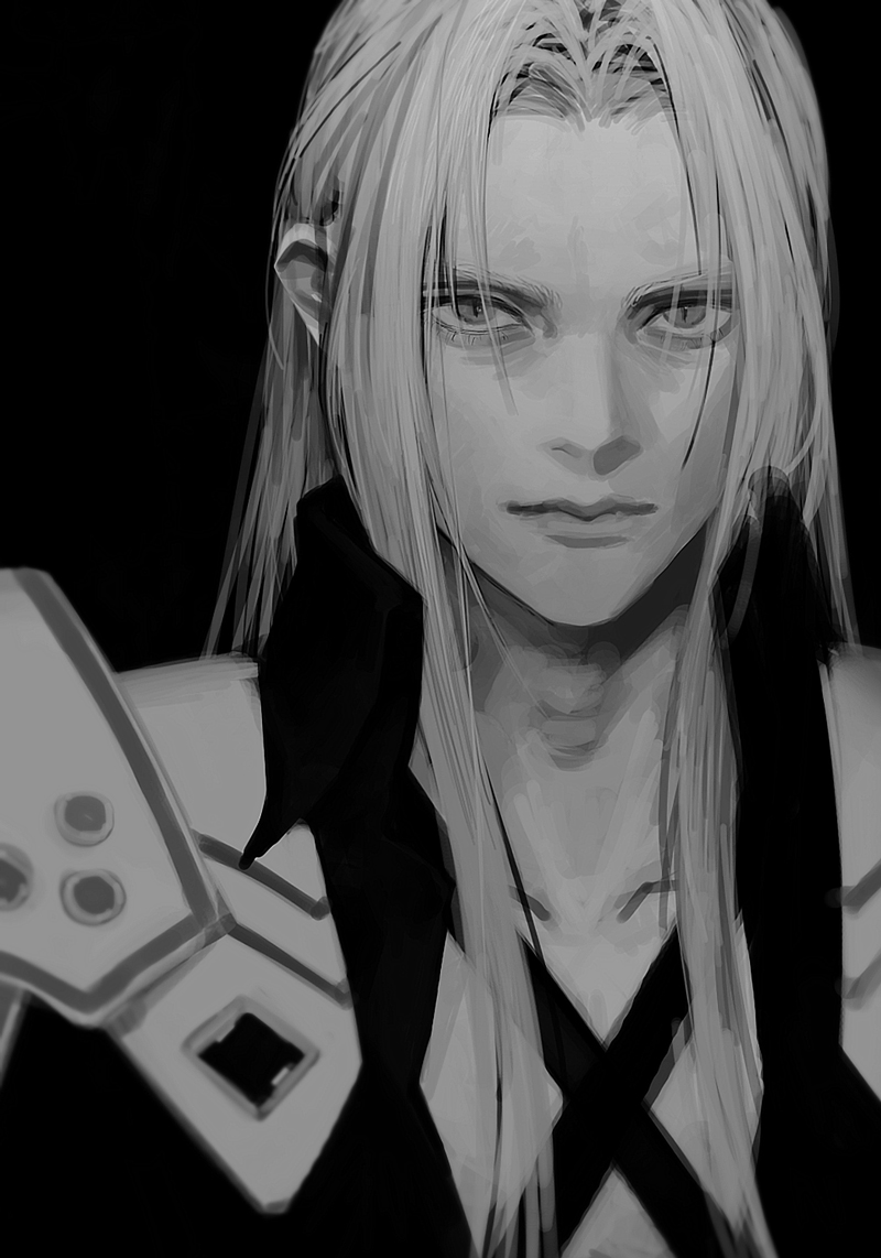 sephiroth greyscale long hair 1boy male focus solo monochrome black background  illustration images