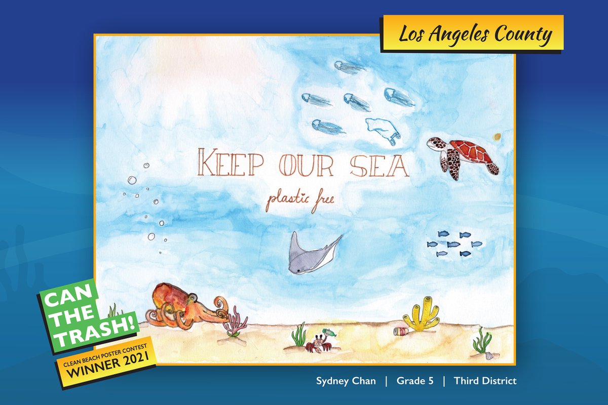 SheilaKuehl's tweet photo. 🚮 I’m happy to announce the 3rd District winners for the #CanTheTrash Clean Beach Poster Contest. Congratulations, Miyuu, Elenor & Sydney! Your artwork reminds us to put trash where it belongs—in a trash can! #BeachResponsibly @lacdbh https://t.co/jCQ2JxQOtn