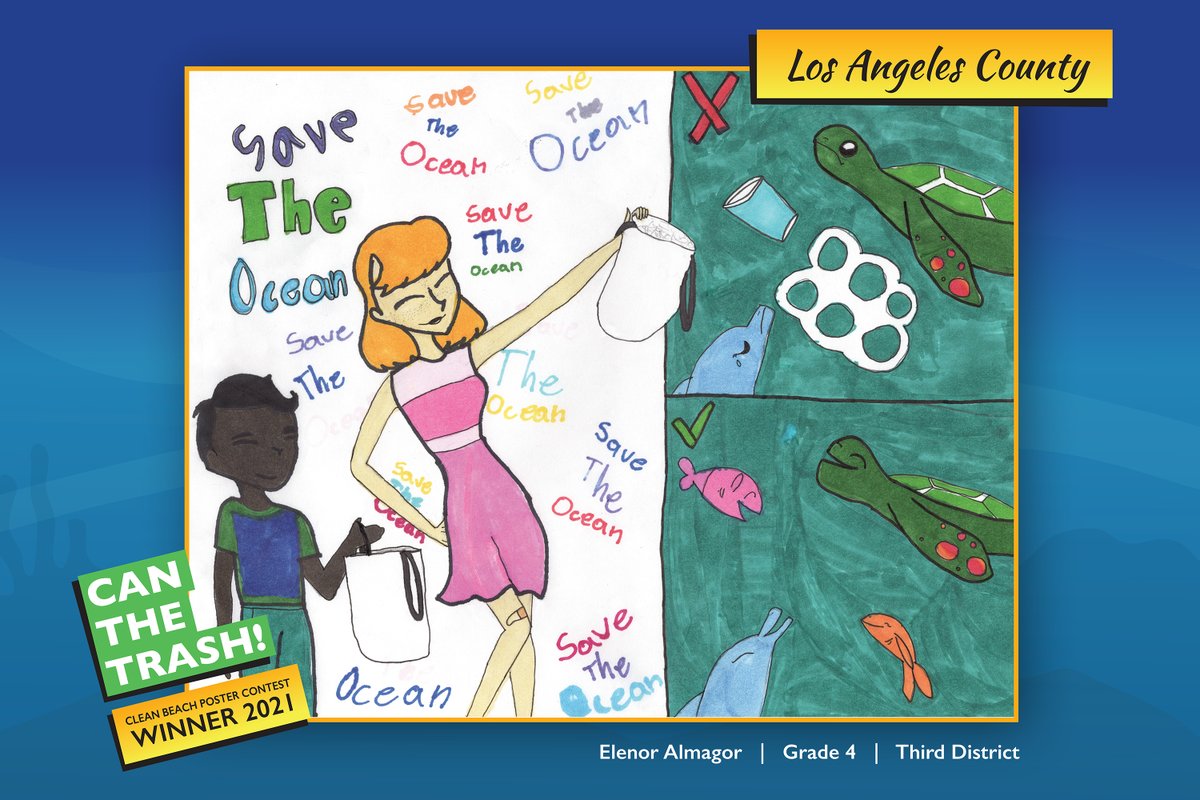 SheilaKuehl's tweet photo. 🚮 I’m happy to announce the 3rd District winners for the #CanTheTrash Clean Beach Poster Contest. Congratulations, Miyuu, Elenor & Sydney! Your artwork reminds us to put trash where it belongs—in a trash can! #BeachResponsibly @lacdbh https://t.co/jCQ2JxQOtn