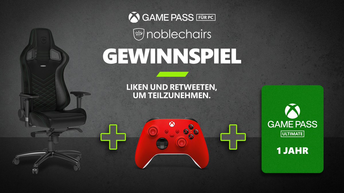 🚨Gewinnspiel🚨

Wir machen gemeinsam mit <a href="/noblechairs/">noblechairs</a> Gamer-Träume wahr! 
Zusammen verlosen wir: 

⭐️ Noblechairs EPIC Gaming Stuhl 
🎮 Xbox Wireless Controller
🔥 1 Jahr Xbox Game Pass Ultimate

So macht ihr mit:
1. @XGP_PC_DACH &amp; <a href="/noblechairs/">noblechairs</a> folgen ✅
2. Tweet liken + RT ❤️🔁