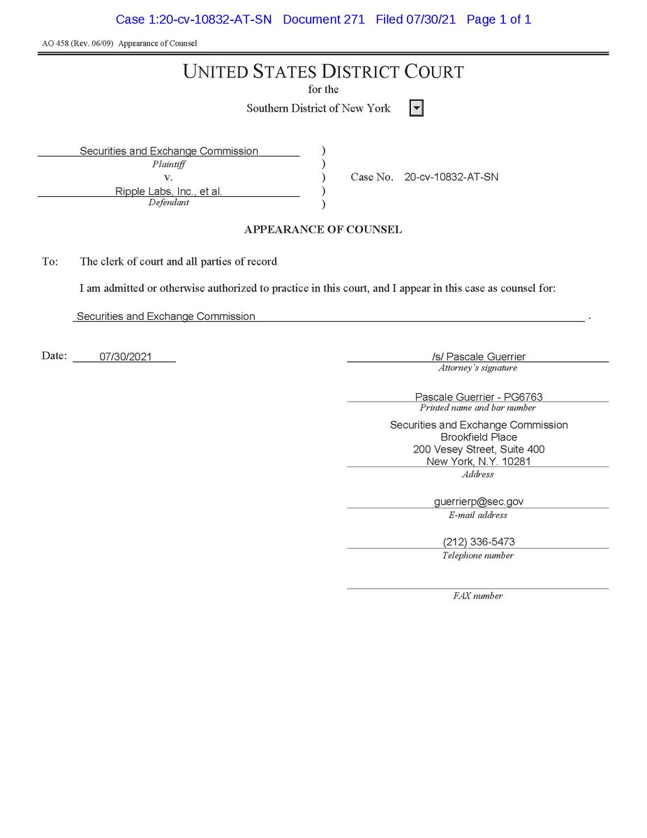 FilanLaw's tweet photo. #XRPCommunity #SECGov v. #Ripple #XRP Attorney Pascale Guerrier has filed a Notice of Appearance on behalf of the Securities and Exchange Commission.  Attorney Guerrier's Appearance is below. https://t.co/DQith9i9LK