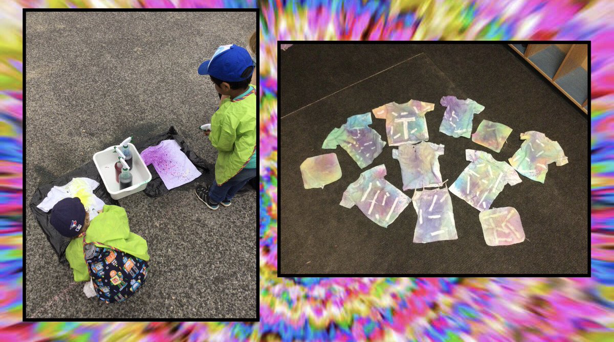 JacksonTrails's tweet photo. The Preschoolers got creative making spray tye-dye this week. We used our favourite colours to make unique patterns and designs! #tyedye #jtelc #occcc #colourmixing #wearableart https://t.co/FuVp8ckJ4r