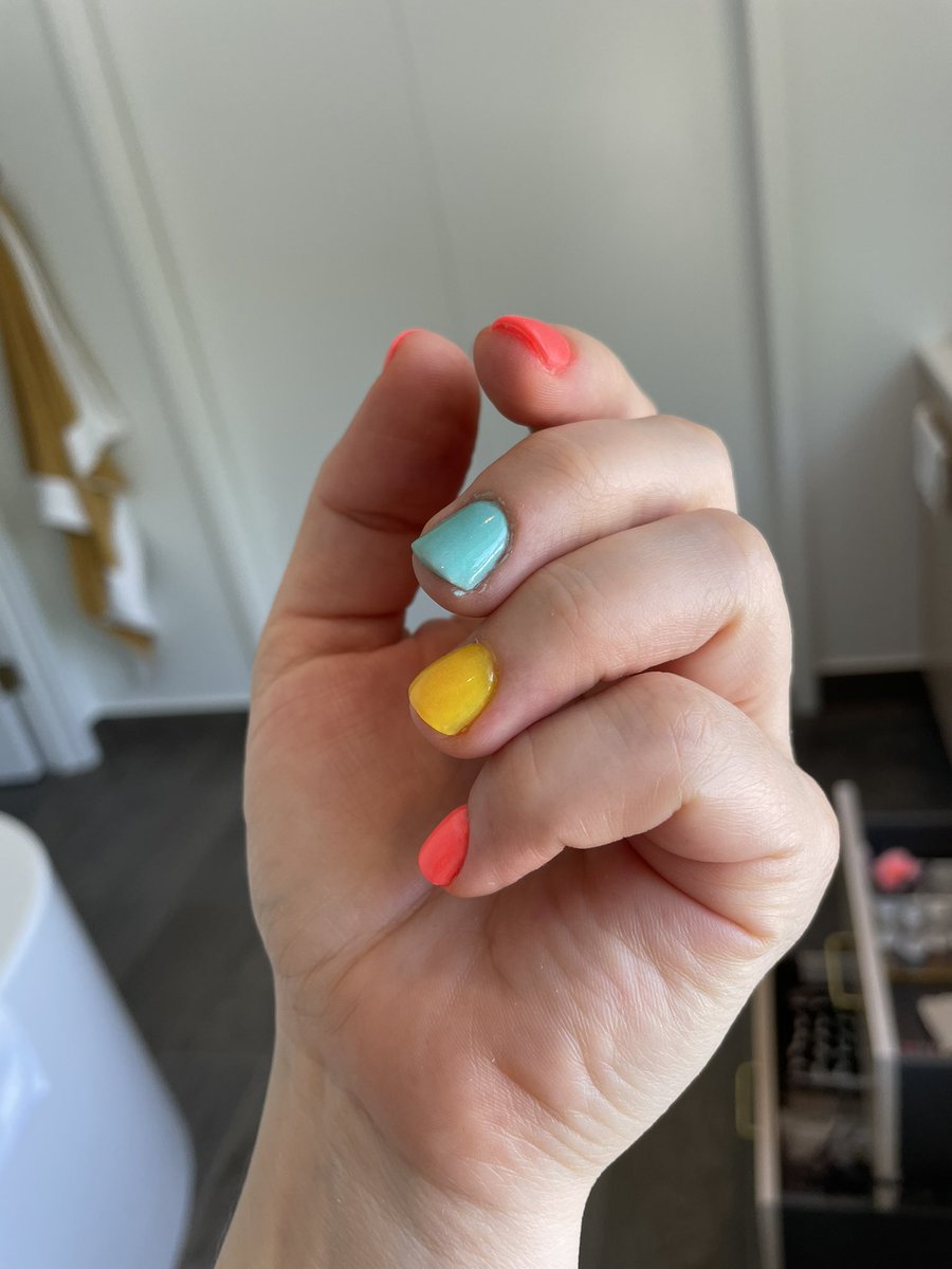 Meg9Time's tweet photo. Well that took way too long and I had to do one hand at a time (out of practice) but I think they turned out ok!
I need something durable on my nails for when I garden and these colors glow in the dark! #KiaraSky https://t.co/EzCj3AoJXn