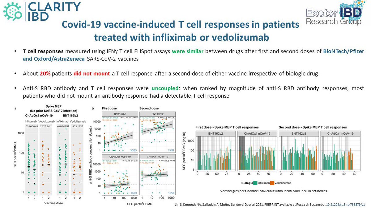 Charlie Lees (@charlie_lees) on Twitter photo Latest <a href="/clarityibd/">CLARITY IBD</a> out as a pre-print
researchsquare.com/article/rs-755โฆ
After 2 doses of PZ or AZ vaccine:
โข IBD pts on infliximab have lower antibody responses
โข Antibodies decay over time
BUT almost all have good T cell responses
Suggests booster required & likely to be effective Latest <a href="/clarityibd/">CLARITY IBD</a> out as a pre-print
researchsquare.com/article/rs-755โฆ
After 2 doses of PZ or AZ vaccine:
โข IBD pts on infliximab have lower antibody responses
โข Antibodies decay over time
BUT almost all have good T cell responses
Suggests booster required & likely to be effective