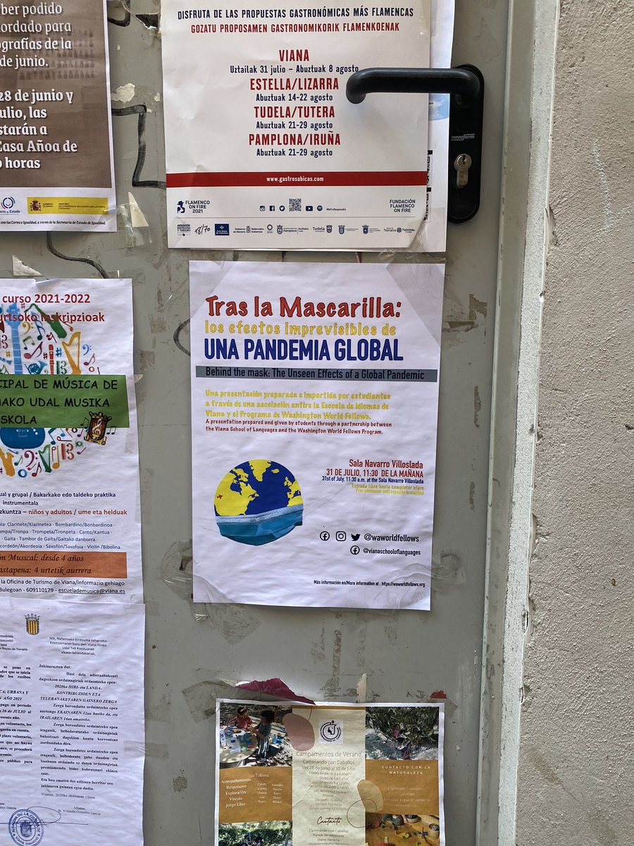 The Fellows just met their Viana homestay families for the weekend, as well as the Spanish students they’ve been talking to over Zoom for the past year! 

Very cool to see flyers for the international youth summit they’ve been planning around town. 
#waedu #waleg